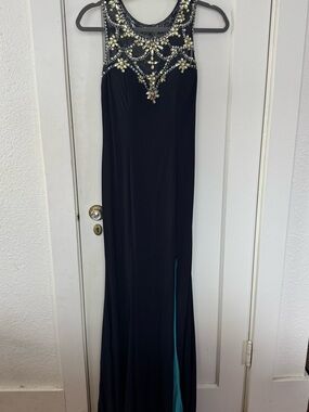 Betsy & Adam Embellished Navy Blue Evening Gown with Jewel Neckline